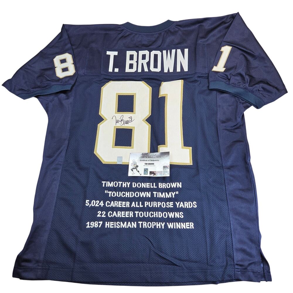 Tim Brown Signed Notre Dame Career Stats Custom Jersey XL GTSM COA Heisman